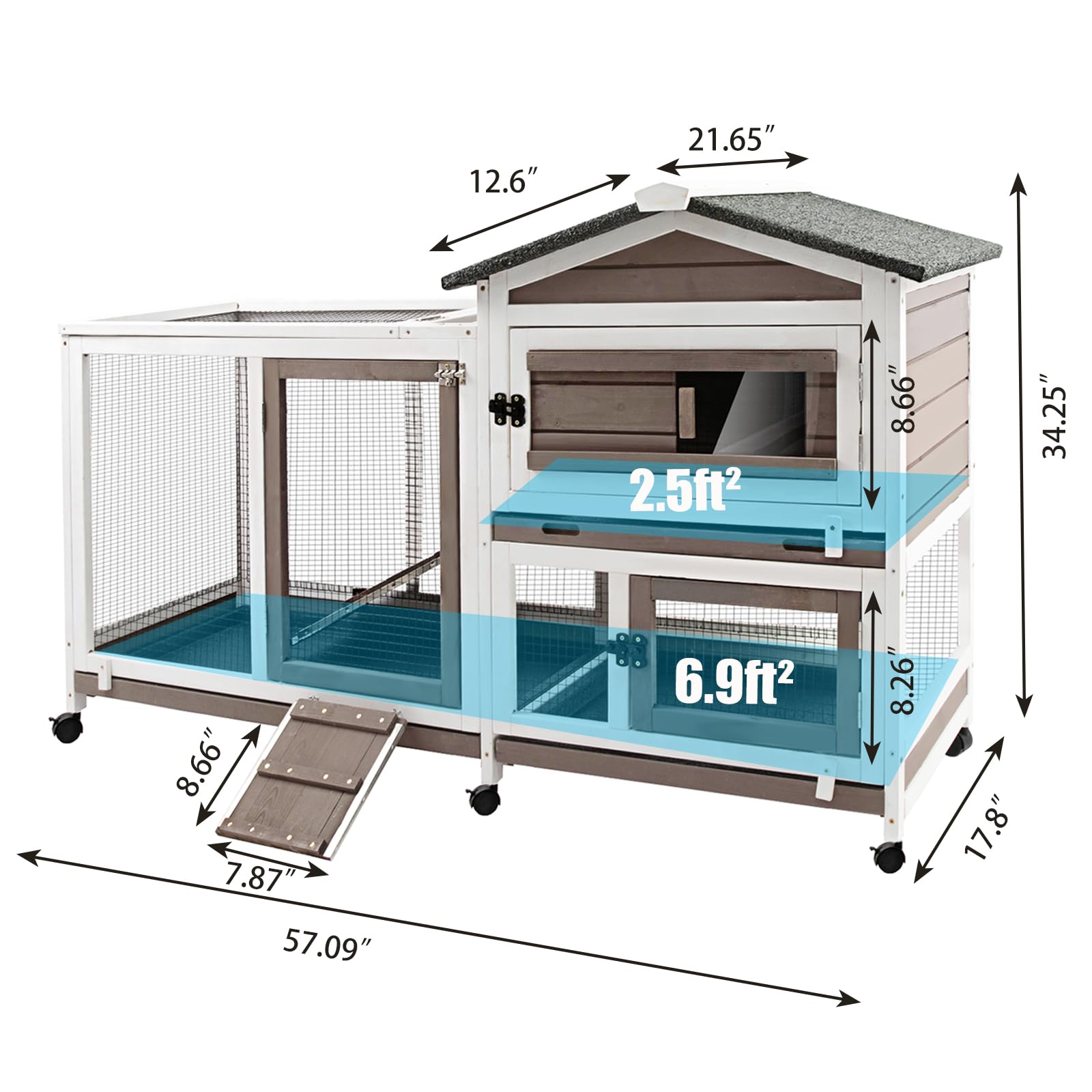 Petscosset 57'' L Rabbit Hutch Indoor Outdoor 2 Story Large Bunny Hutch With Run Guinea Pig Cage Wooden Rabbit Cage With Removab