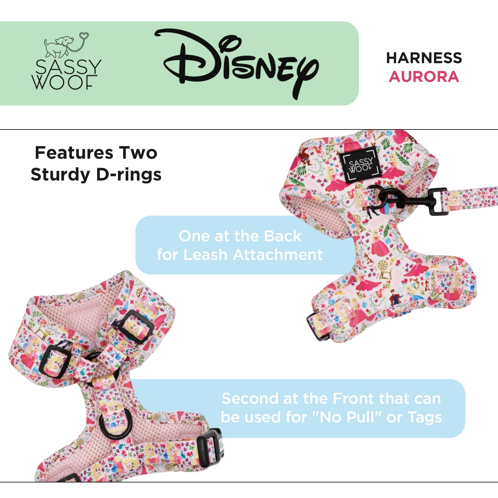 Sassy Woof Dog Adjustable Harness - Disney Princess Sleeping Beauty Aurora - Xl, Breathable Mesh, No Pull Design With Two D-Ring