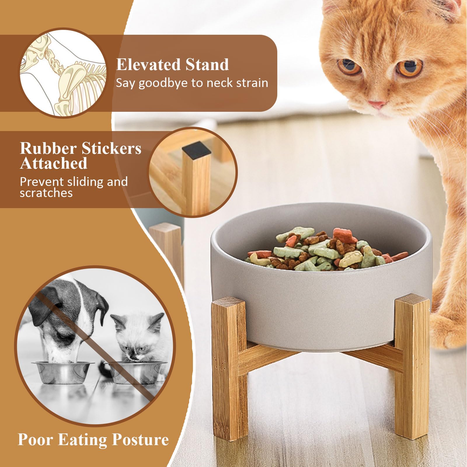 Elevated Ceramic Cat Bowl - Cat Food Bowl with Bamboo Stand - Raised Dog Dish for Puppies - Anti Vomiting, Stress Free - 13.5 oz