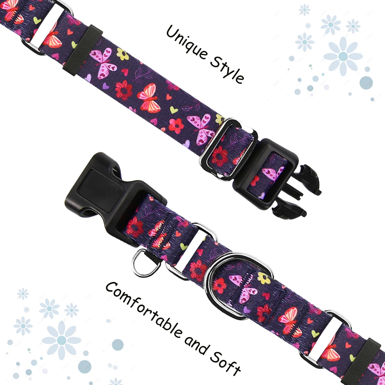 Fidohug Martingale Collar With Buckle Purple Nylon Adjustable Cute Girl Female Dog Collars (Butterfly Floral, Medium)