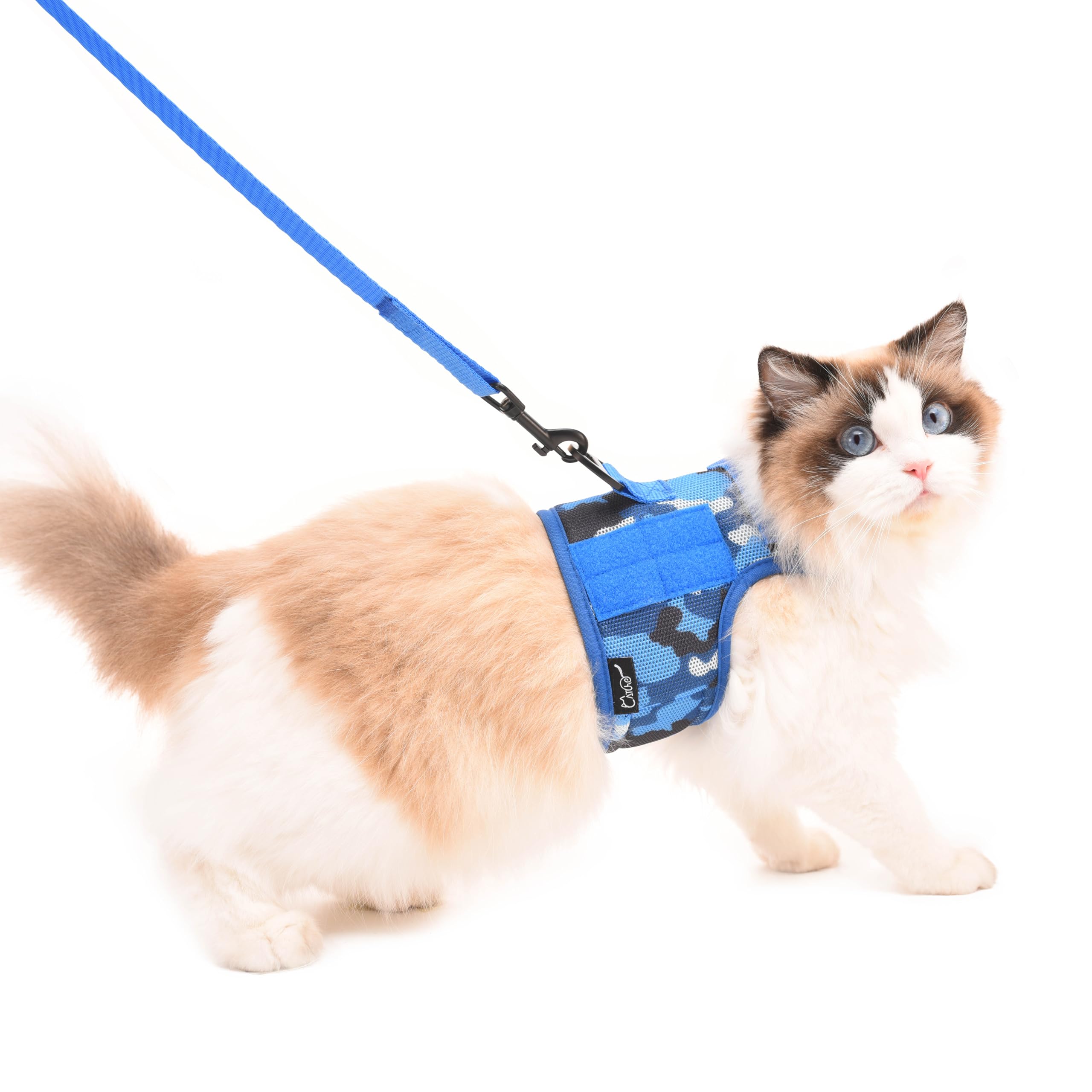 Tactical Cat Harness And Leash For Walking Escape Proof Breathable Mesh Fabric, Ocean Camo, Large, Adjustable Cat Walking Jacket