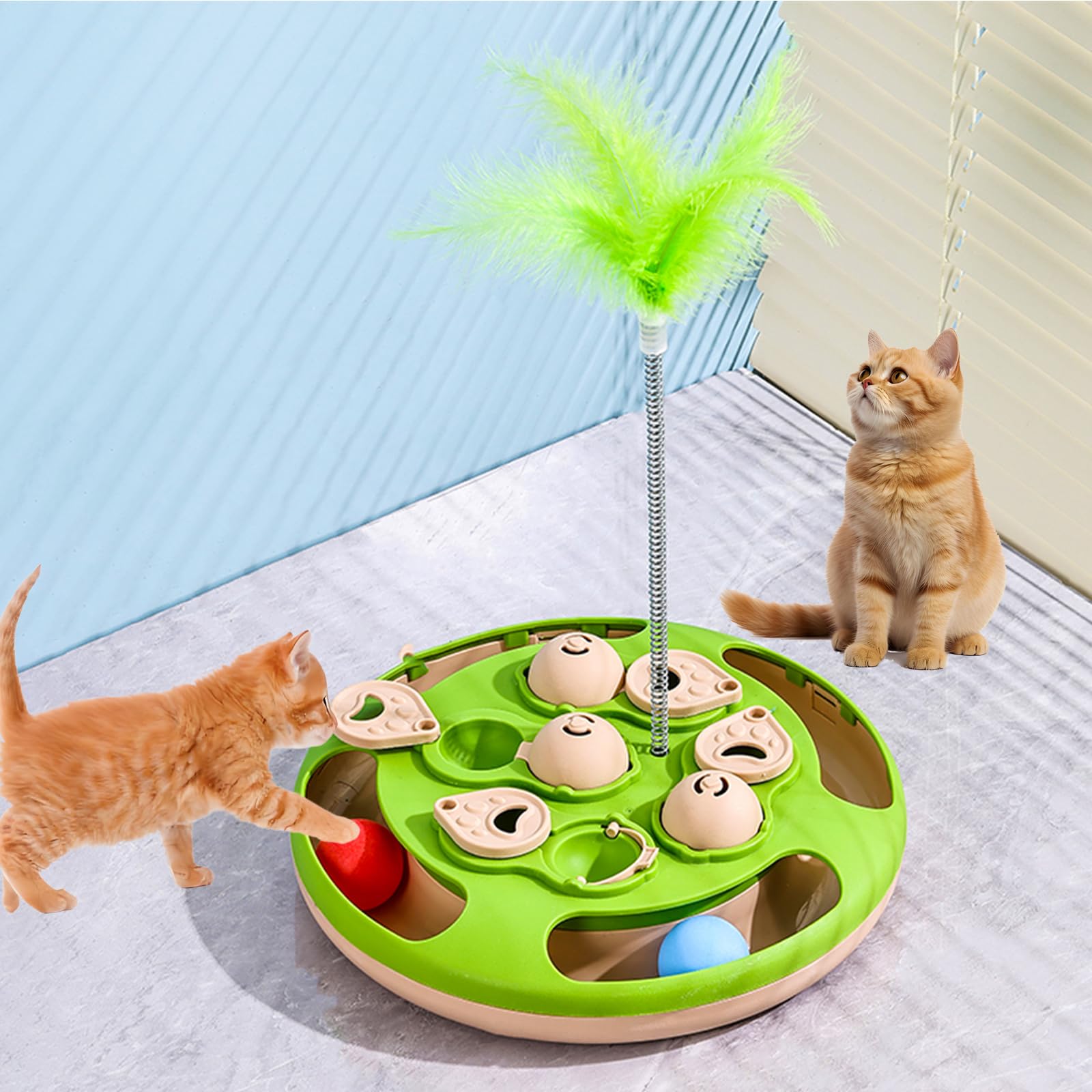Cat Puzzle Toys Games Level 3 in 1 with Track Balls, Interactive Mentally Stimulating cat toys for IQ Training,Feather Teaser & 