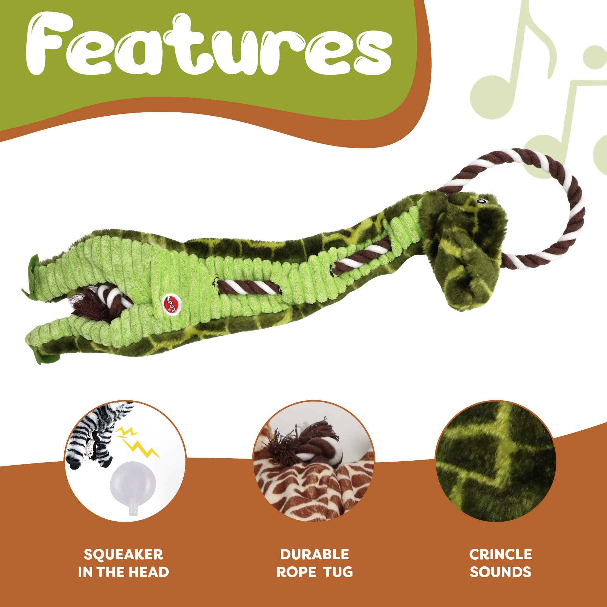 Spot Skinneeez Tugs Jungle Dog Toy - Rope Design For Extra Strength, With Squeaker & Crinkle, Stuffingless Design For Strong Chewers, Tug Toy For Medium To Large Puppies & Dogs - 23In, Style May Vary