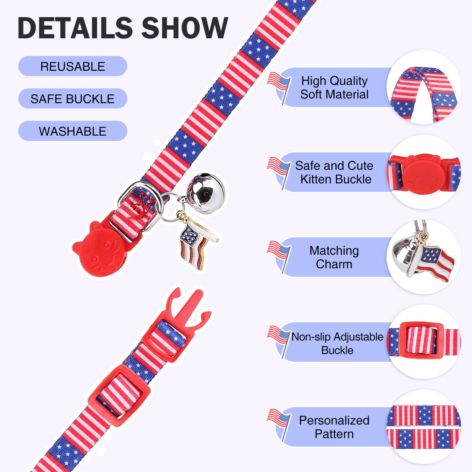 Dillybud 3 Pack Breakaway Cat Collars With Bell- 4Th Of July Cat Collar,Independence Holiday American Flag Kitty Collar For Girl