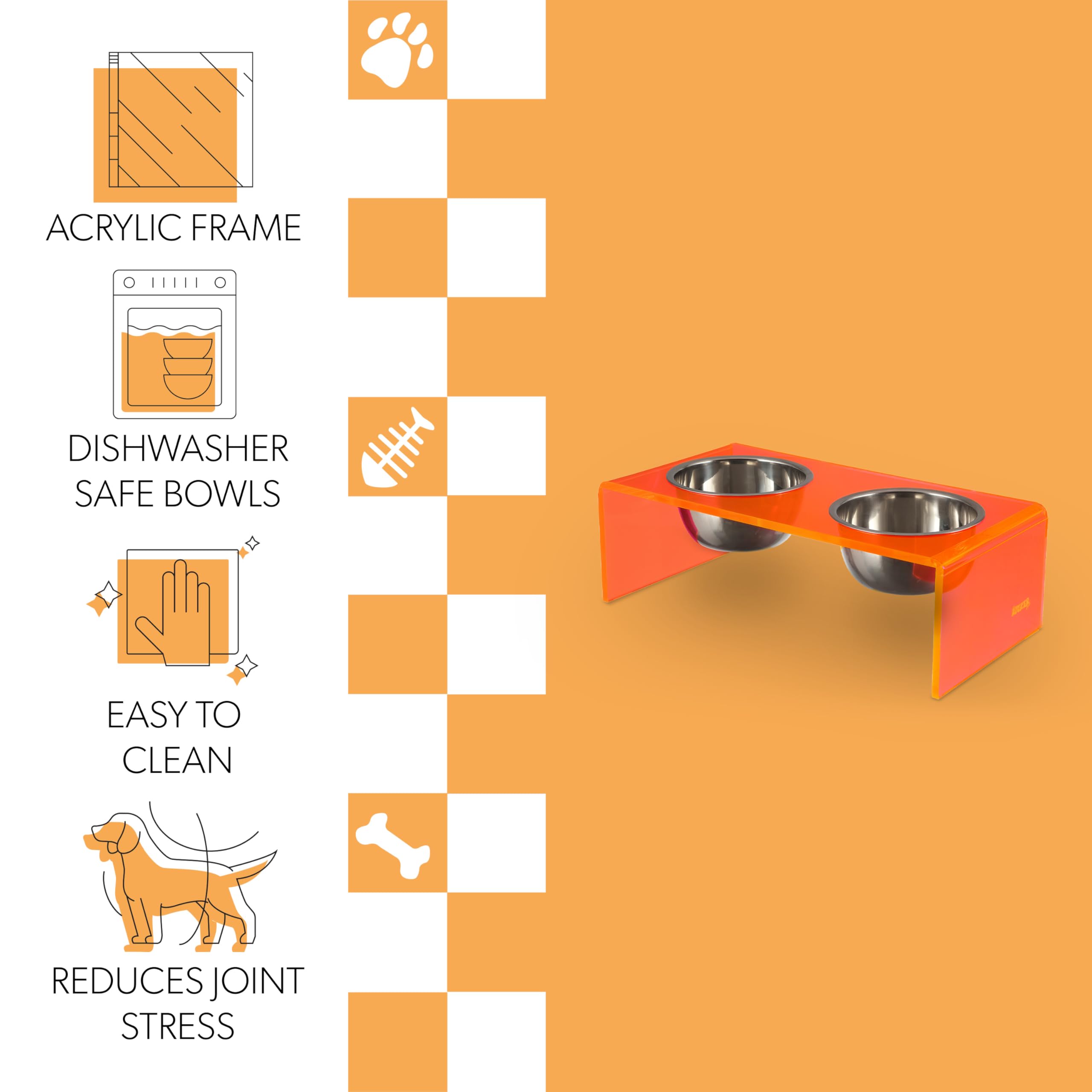 The LICKER Store DBL2000E Keaton 5 Small/Medium Modern Acrylic Rectangular Elevated Pet Feeder with 20oz 2-Stainless Steel Bowls