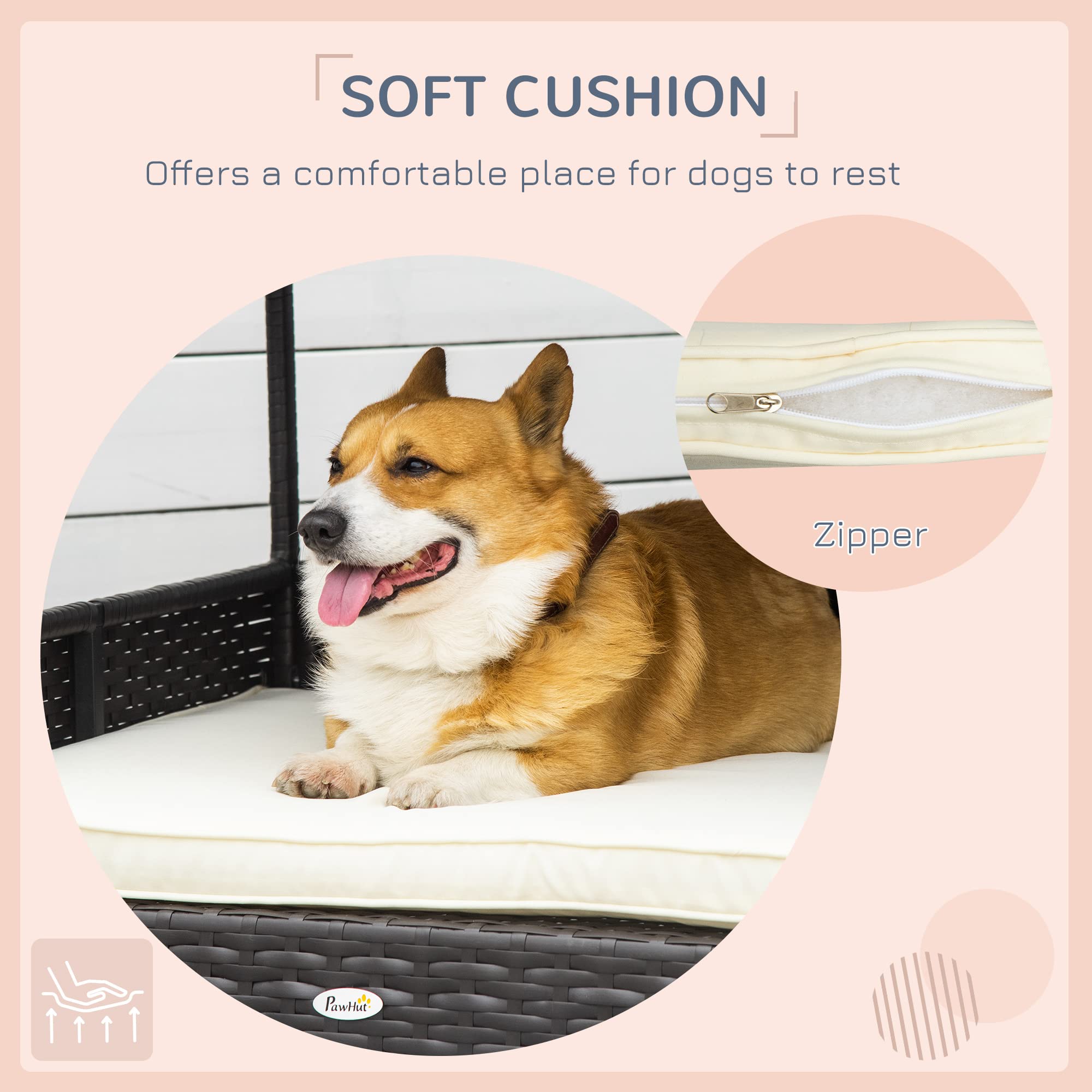 PawHut Wicker Dog House Outdoor with Canopy, Rattan Dog Bed with Water-Resistant Cushion, for Small and Medium Dogs, Cream
