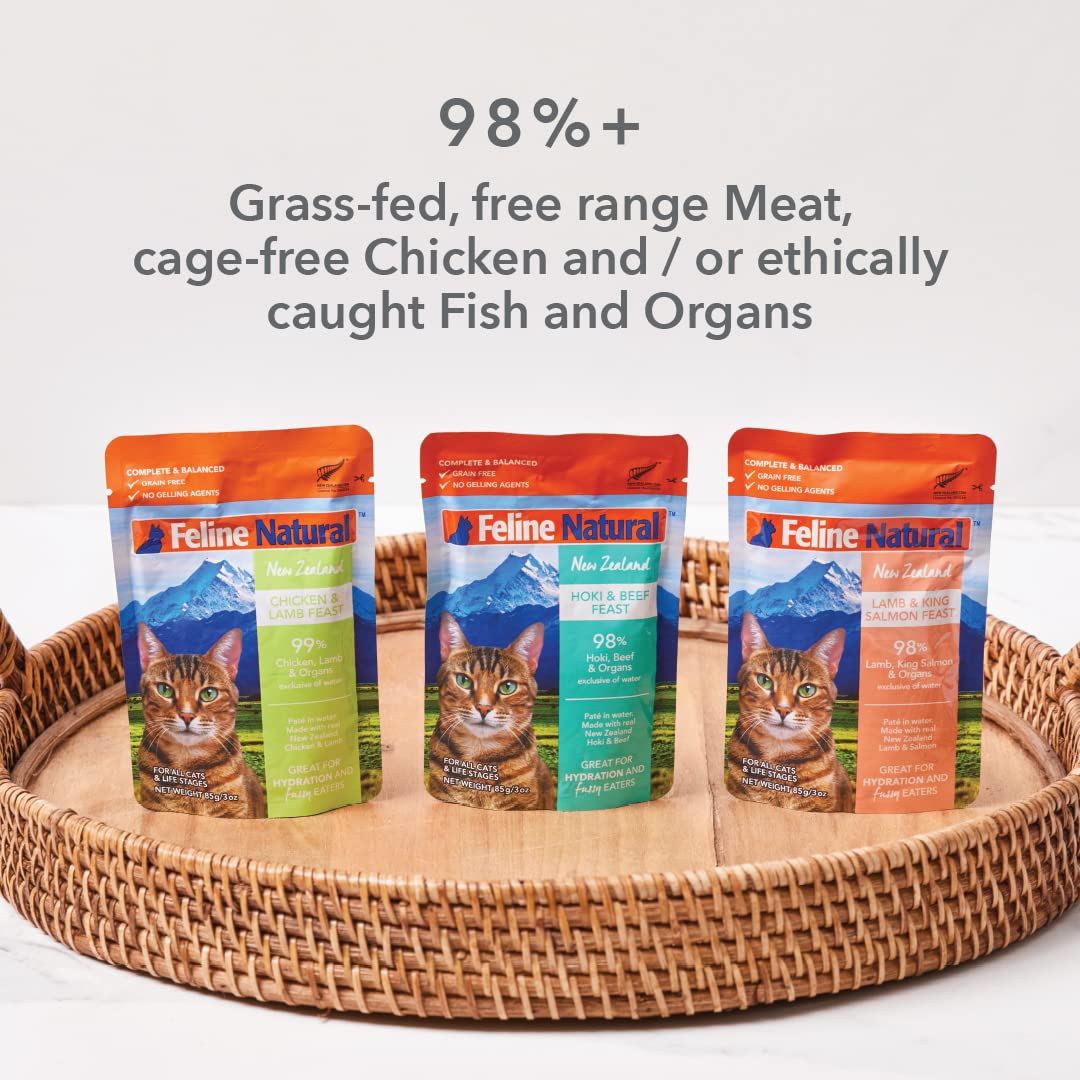 Feline Natural Wet Cat Food Variety Pack - Chicken, Lamb, Salmon & Beef Feast, Grain-Free, 3oz Pouches, New Zealand Made, Assort