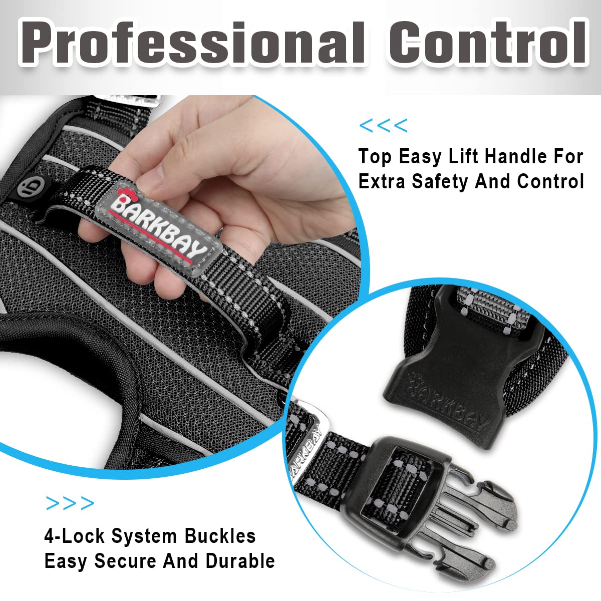 BARKBAY No Pull Dog Harness Front Clip Heavy Duty Reflective Easy Control Handle for Large Dog Walking with ID tag Pocket(Black,