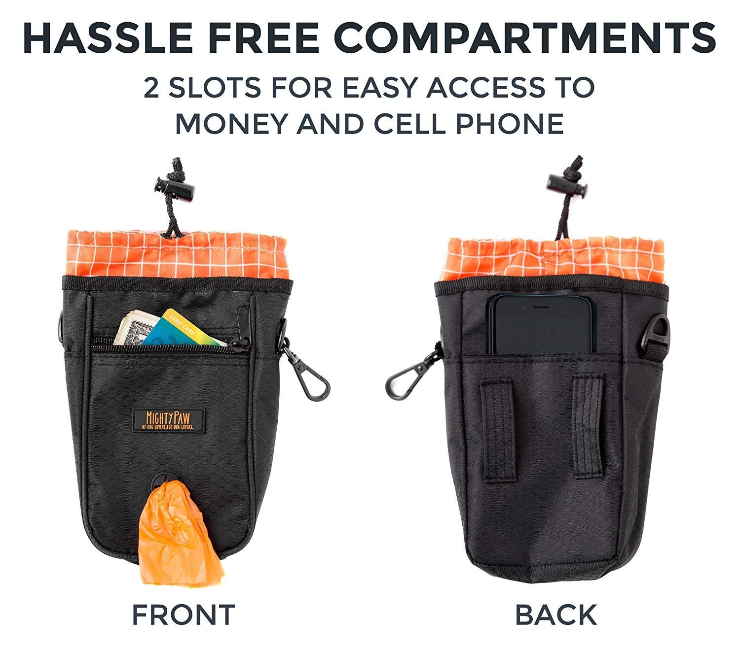 Mighty Paw Dog Treat Bag - Drawstring Closure Pouch - Includes Carabiner Hook and Pick-up Bags - With Reflective Belt - Dog Trai