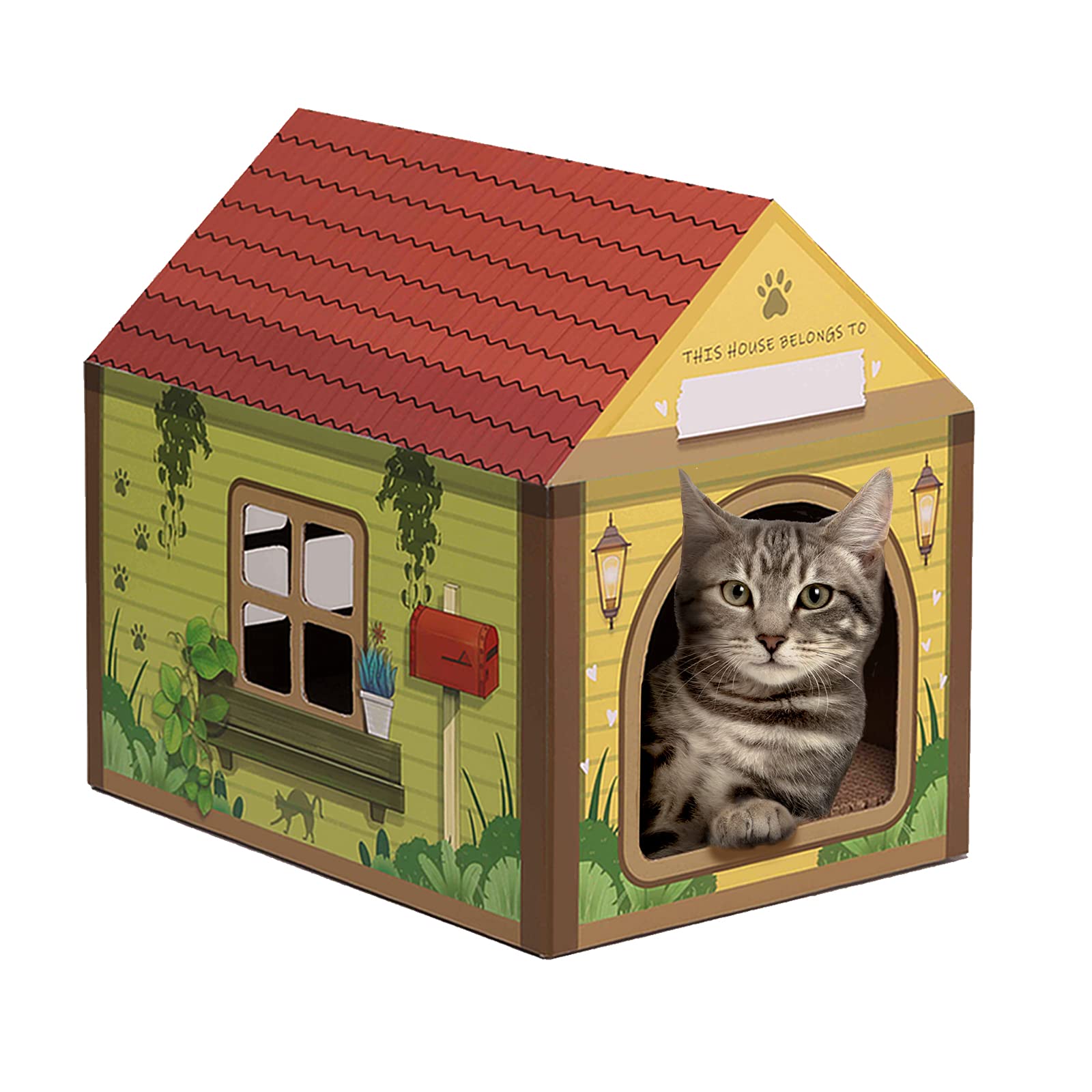 Sekam Cardboard Cat House With Scratcher/Catnip, (16.5''L X 12''W X 15''H) Cat Play House For Indoor Cats - Customized Name Space For Kitties, Arched Forest Cabin Cat Scratch Toy For Cat Birthday
