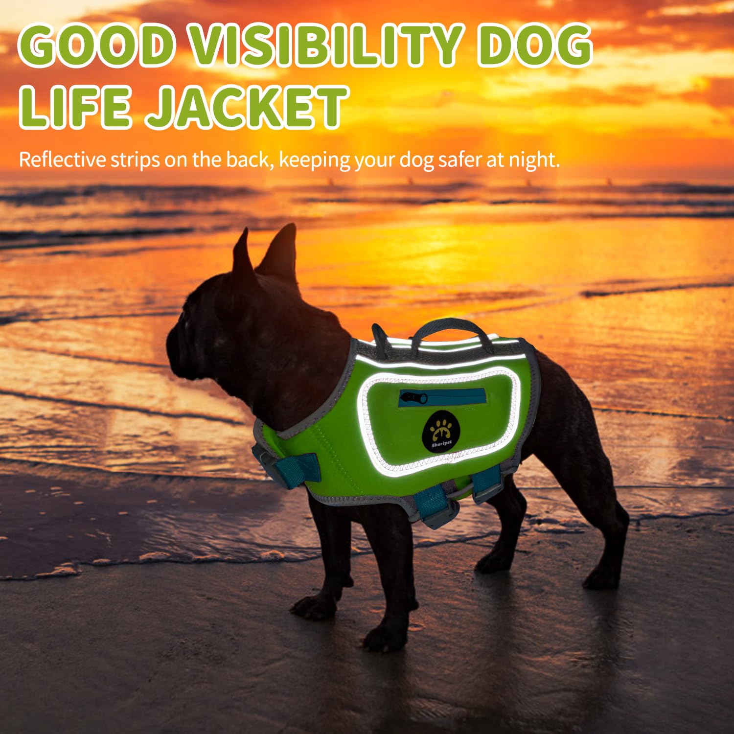 Sheripet Dog Life Jacket - High Visibility, Lightweight, Reflective, XL, Green