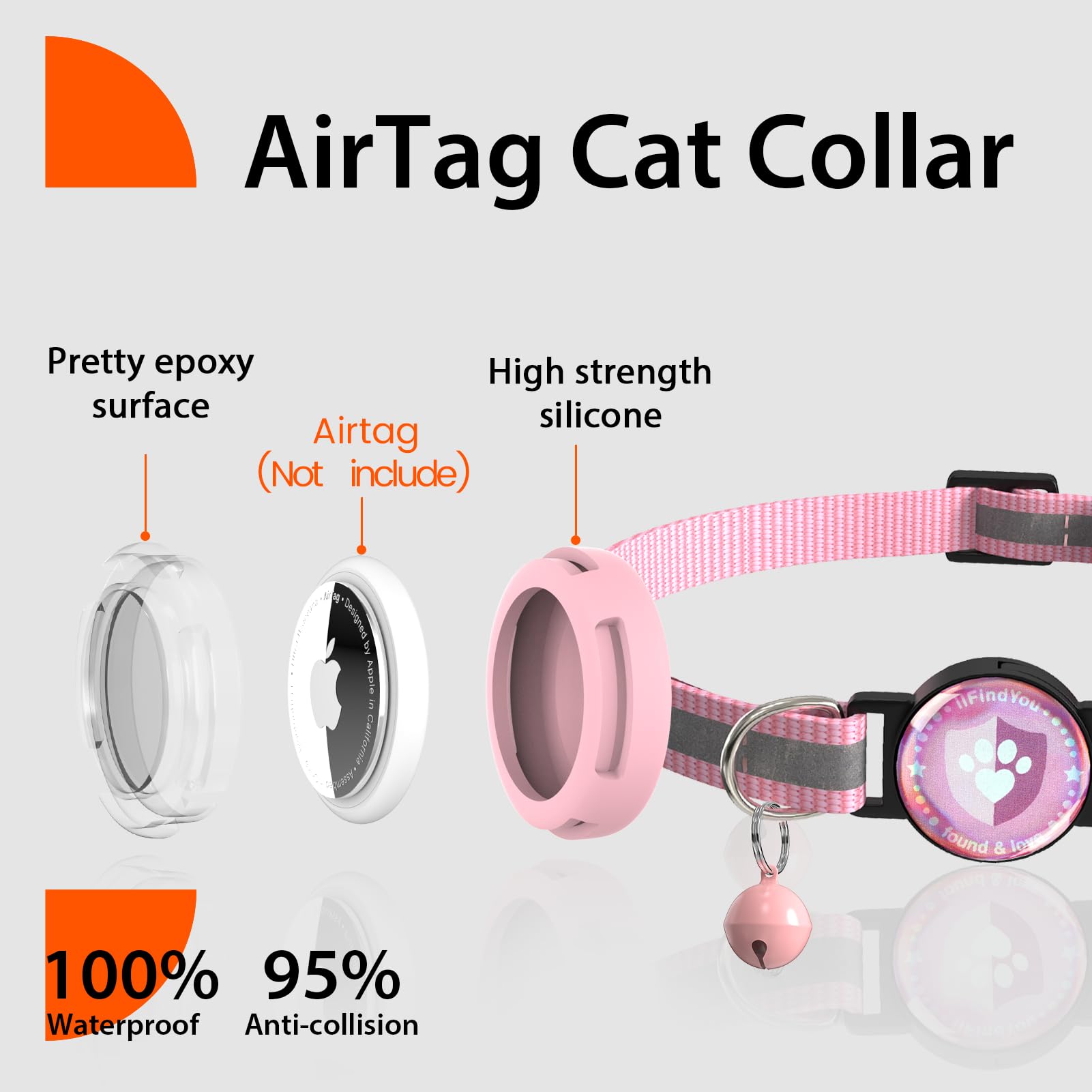 Ilfindyou Airtag Cat Collar Breakaway, Reflective Cat Collars With Apple Airtag Holder, Adjustable Kitten Collar With Bells Pink