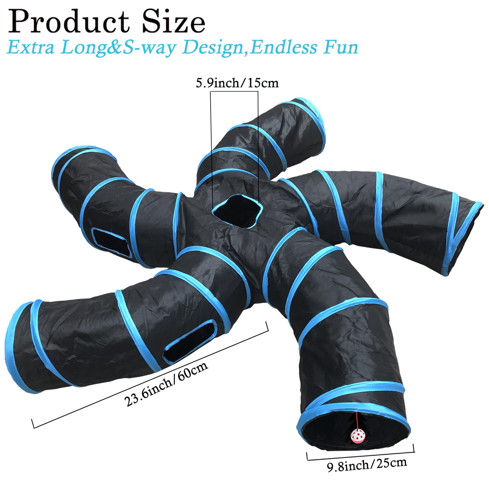 Feesok Cat Tunnel - 5 Way Collapsible Interactive Play Toy, 2 Feet, Black, Polyester, S-Shaped Maze with 6 Peek Holes