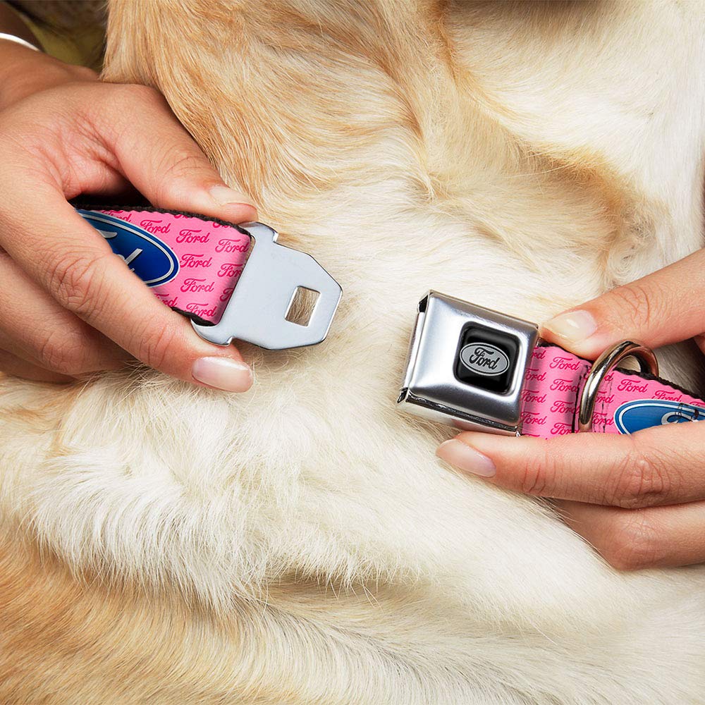 Buckle-Down Seatbelt Buckle Dog Collar - Ford Oval W/Text Pink - 1.5' Wide - Fits 18-32' Neck - Large