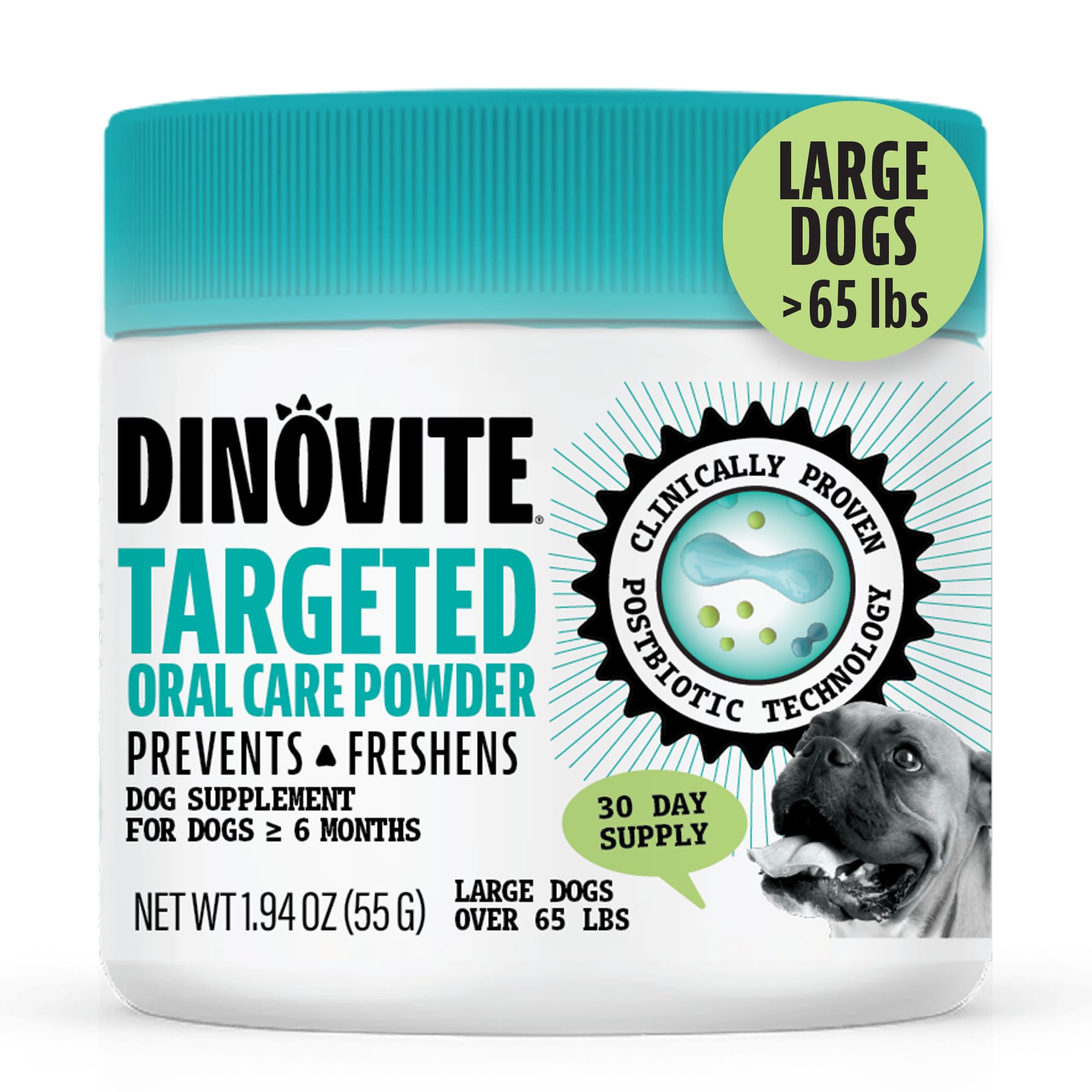 Dinovite Dog Dental Powder, Brush-Free Breath Freshener & Teeth Cleaning Dental Care Powder with Probiotics & Postbiotics, Oral 