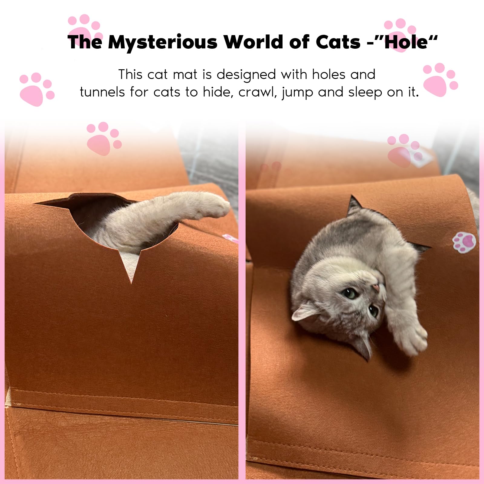 AFLIFLI Interactive Cat Tunnel Mat, 35.4" Felt Cave with Hanging Ball, Brown, Foldable Pet Toy for Indoor Cats, Kittens, and Small Pets