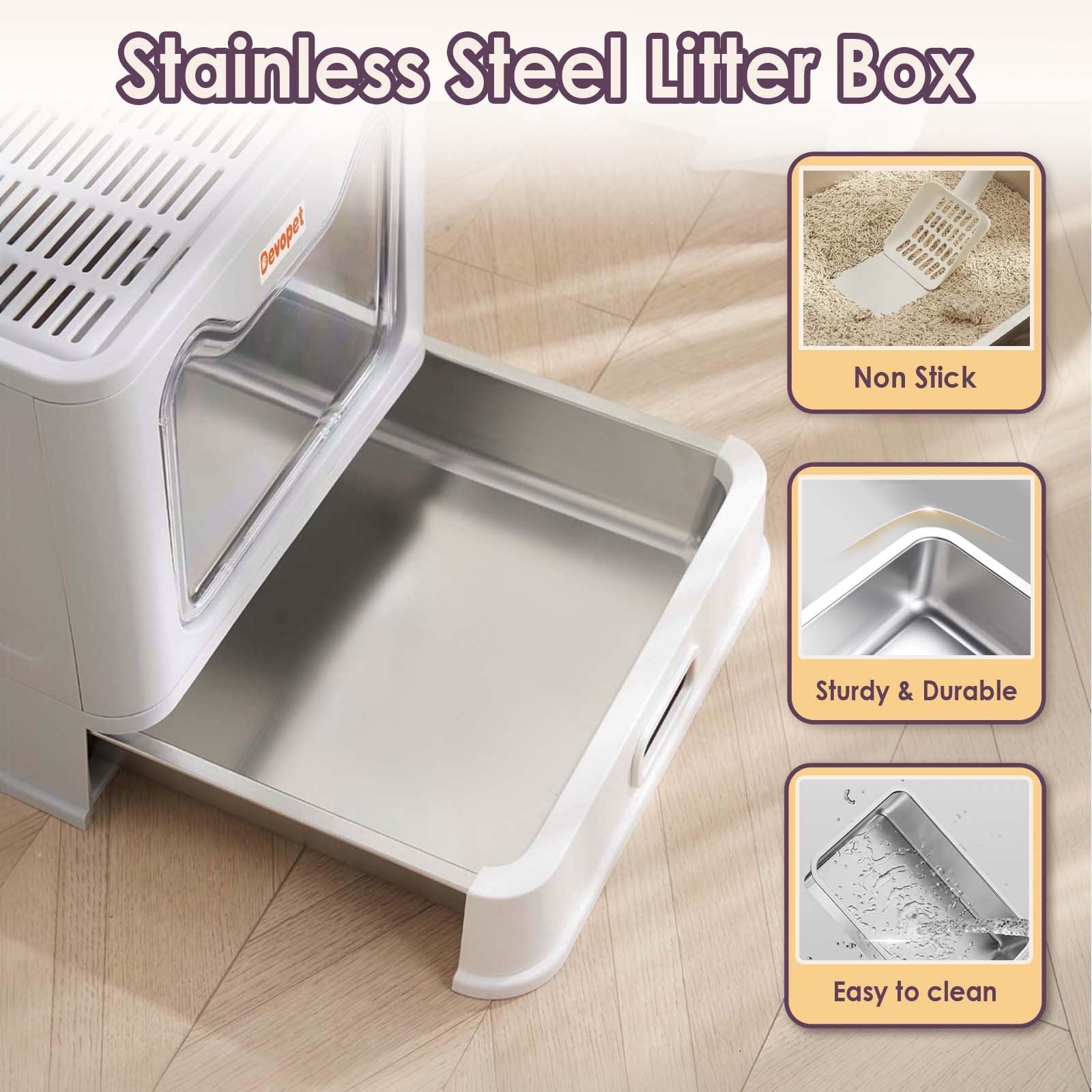 Devopet Stainless Steel Cat Litter Box with Lid, Enclosed Cat Litter Boxes, Covered Top Entry Litter Box, Foldable Large Metal B