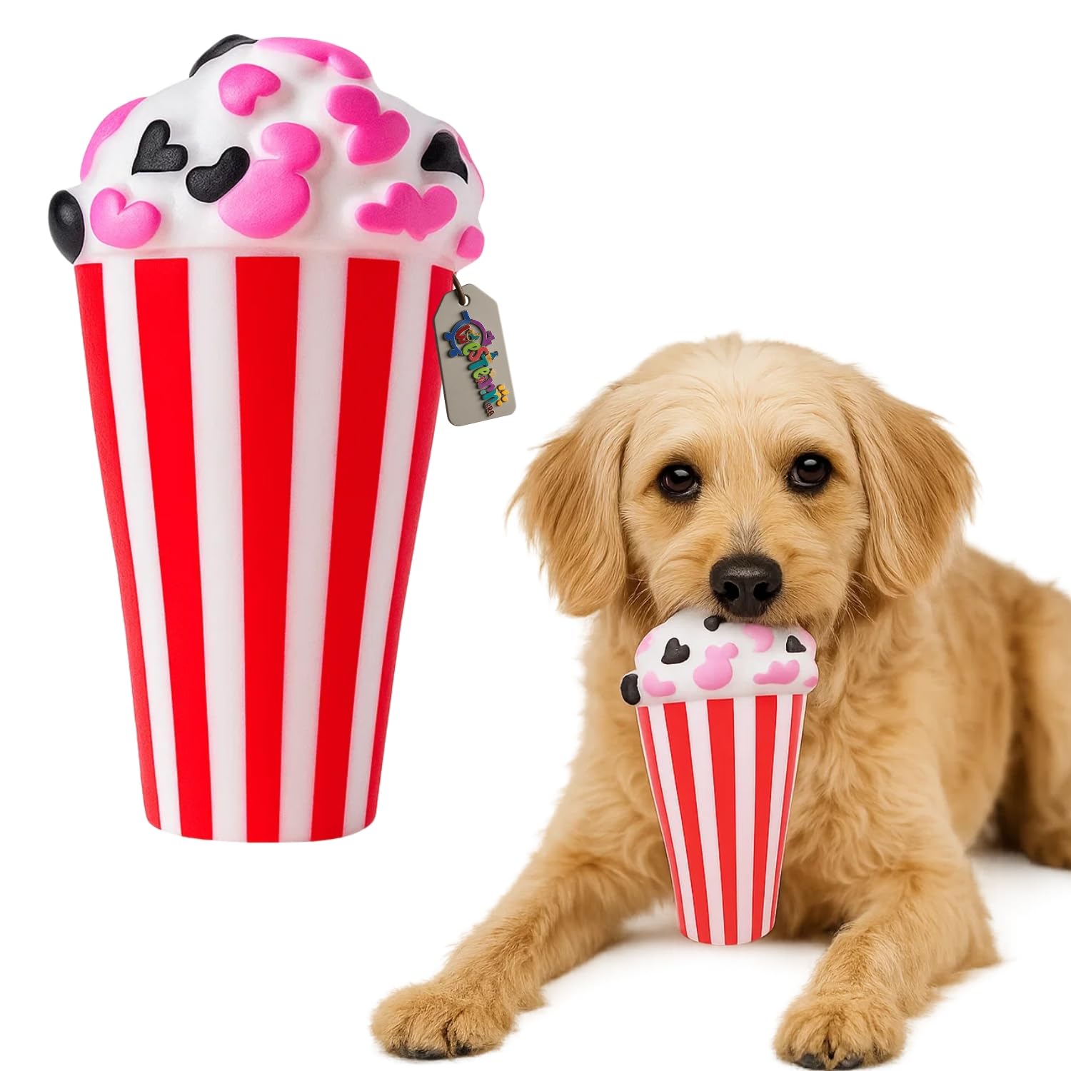 Western Era Ice Cream Cup Squeaky Toy For Dogs | Cute Popcorn Style Dog Chew Toy With Squeaker | Soft Rubber Fun For Puppies & S