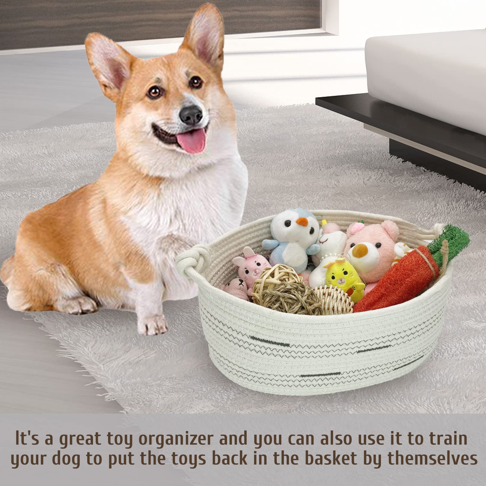 Fhiny Cotton Rope Dog Toy Basket With Handle Puppy Toys Storage Bin Small Woven Rectangle Diapers Pet Kitty Bed Perfect For Carr
