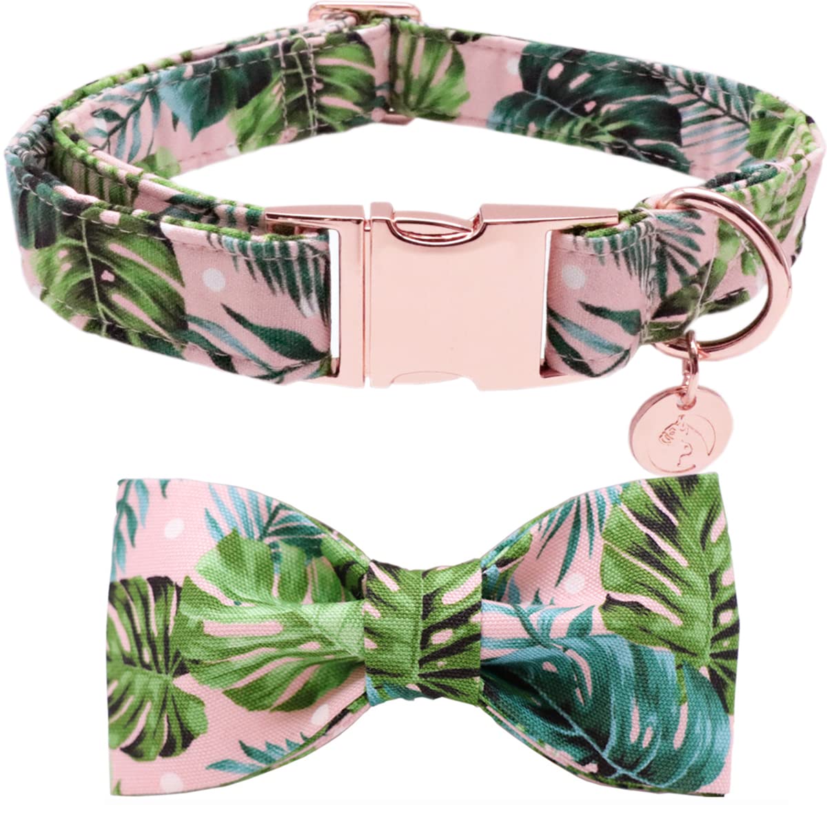 Dogwong Cotton Summer Dog Collars, Hawaiian Palm Leaf Bowtie Dog Collar, Adjustable Heavy Duty Girl Boy Dog Collar With Bow For 