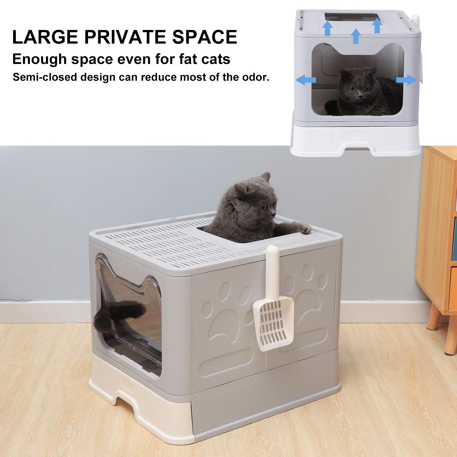 Genenic Large Foldable Cat Litter Box Pan With Lid, Cat Potty ,Top Entry Type Anti-Splashing Cat Supplies With Pet Plastic Scoop