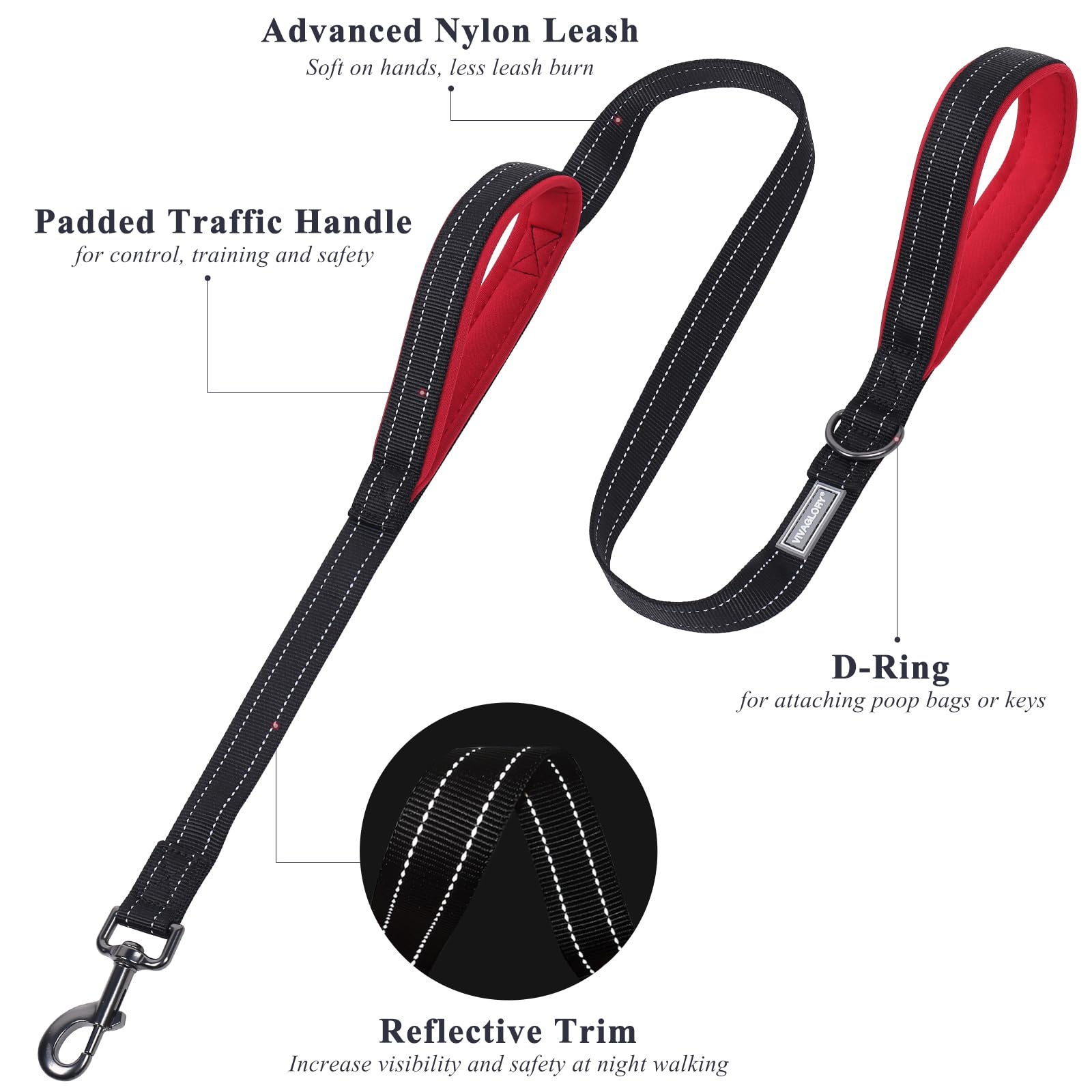 VIVAGLORY Traffic Handle Dog Leash - 4ft Nylon, Reflective, 2 Padded Handles, Strong Metal Hook, Black, for Dogs 25-120 lbs.