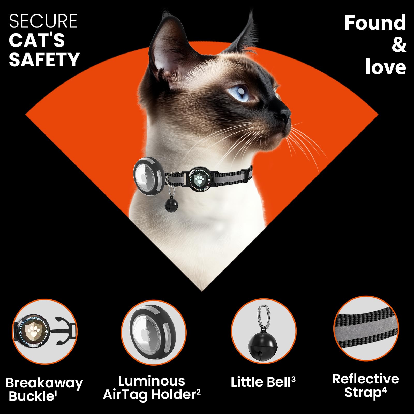 Ilfindyou Airtag Cat Collar Breakaway, Reflective Cat Collars With Apple Airtag Holder, Adjustable Kitten Collar With Bells Blac