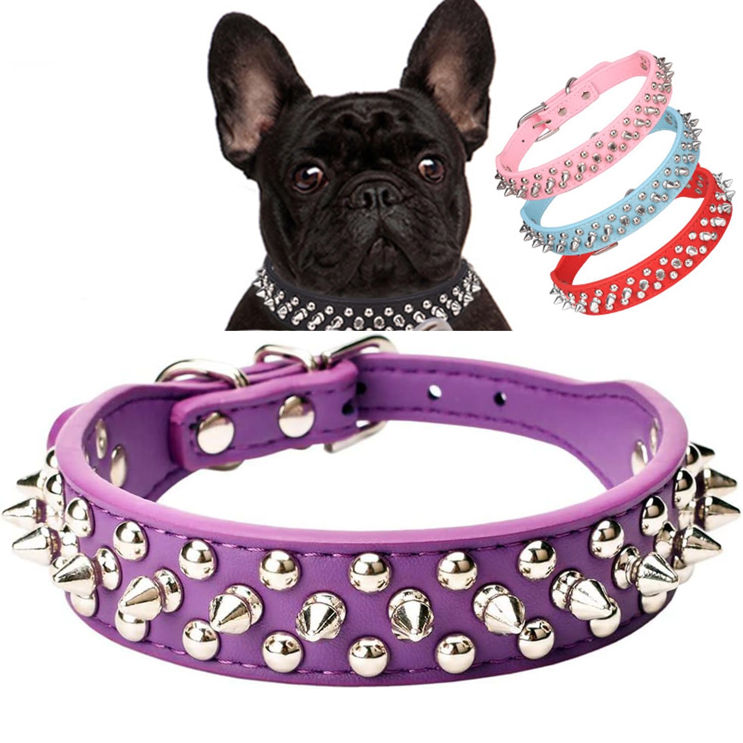 Serijoars Spiked Dog Collar Soft Pu Leather Mushrooms Rivet Spike Studded Dog Collar Adjustable Puppy Collars (L, Purple)