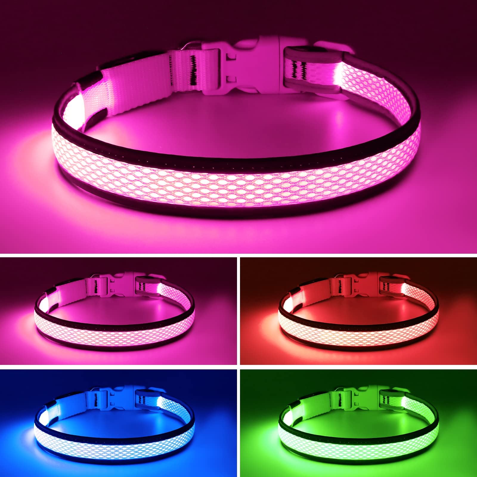 Flashseen Led Dog Collar, Usb Rechargeable Light Up Dog Collar Lights, Adjustable Comfortable Soft Mesh Safety Dog Collar For Small, Medium, Large Dogs(Large, Candy Pink)