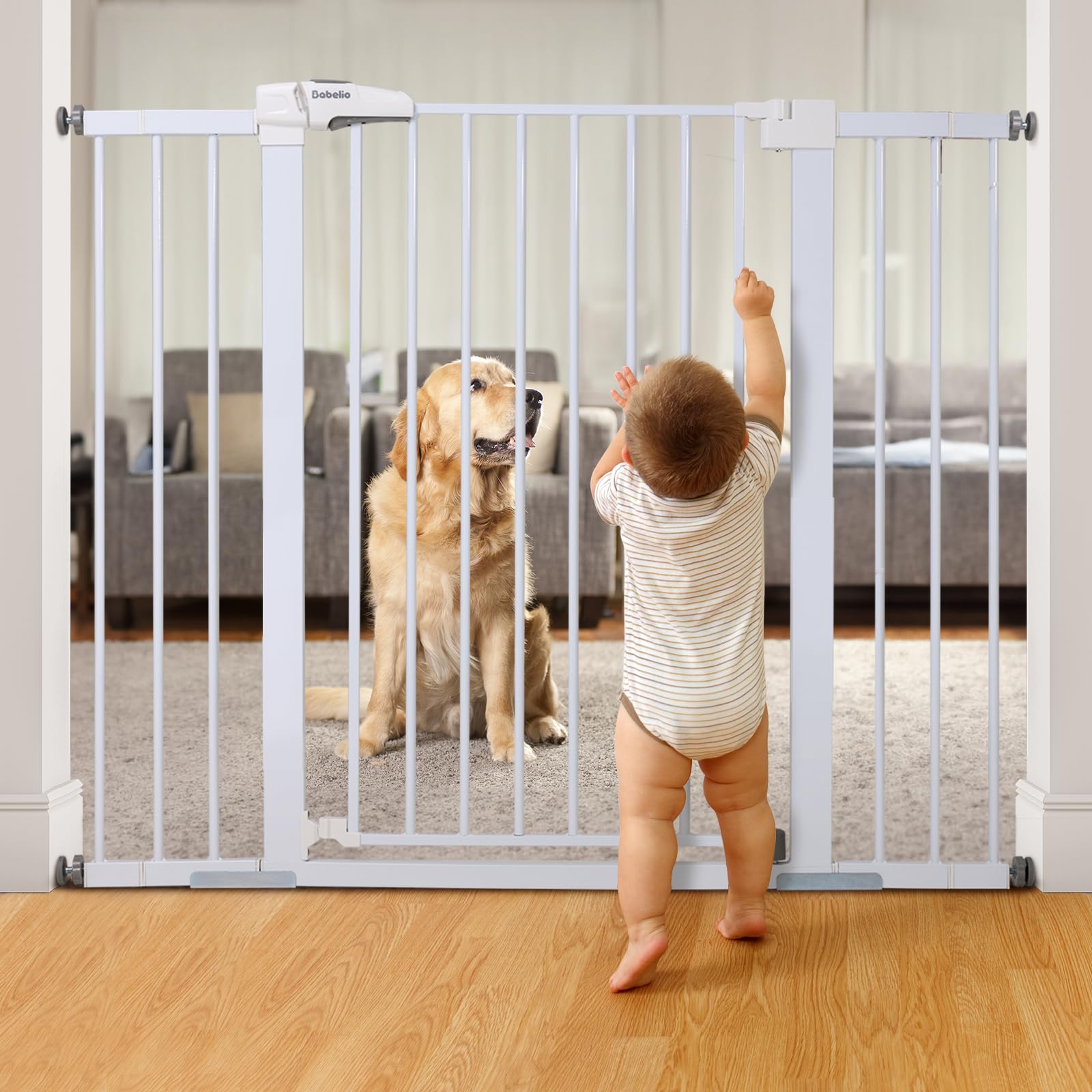 Babelio 36' Tall Baby Gate, 29-48' Auto Close Pressure Mounted Dog Gate For Stairs, Doorways & Hallway, Protector Basics Easy Walk Thru Pet Gate, Metal Child Gate With 2*Y Spindle Rods, White