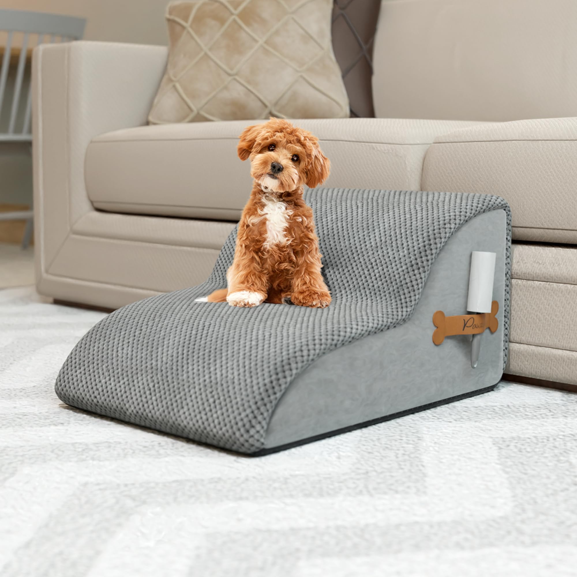 Pawzy Foam Pet Stairs For Bed, Couch Or Window Prefixed Cover - Wide Dog Steps For Bed, Waterproof, Non-Slip Base - Tier Dog Ram