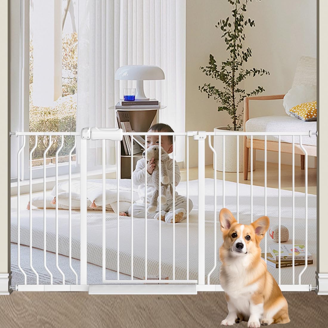 Walk Through Baby Gate With Door, 38.5-43.3 Inch Wide Presure Mounted No Drill Metal Child Gate For Stair Doorway - Indoor Outdoor Safty Gate For Toddler Dog Doggie, White Standing 37.8 Inches Tall