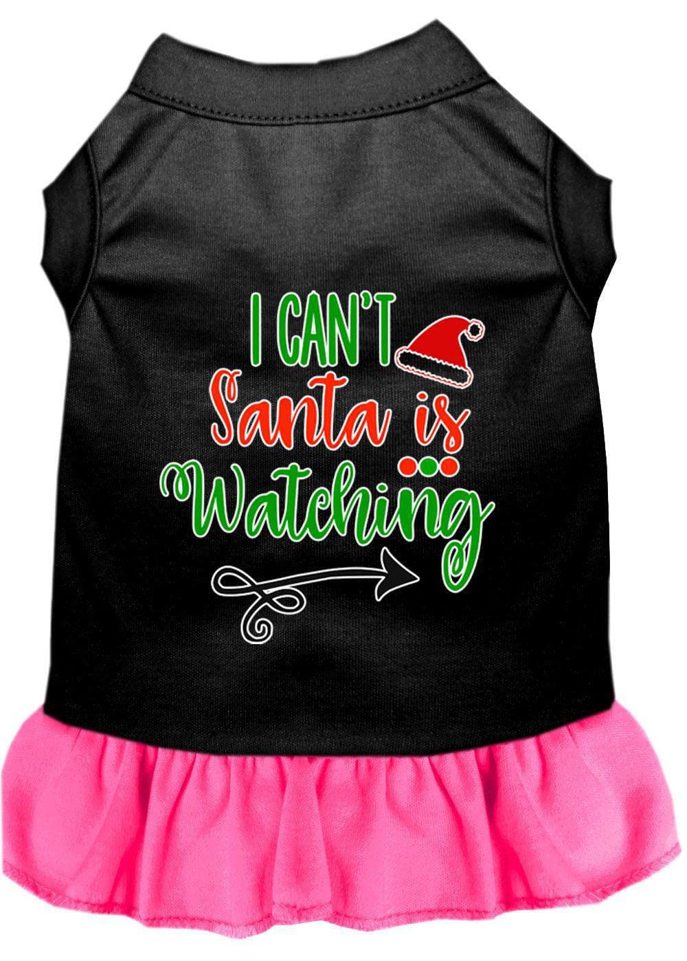 Christmas Pet Dog & Cat Dress Screen Printed, "I Can't, Santa Is Watching" Black W/Light Pink SM (3-6 lbs.)