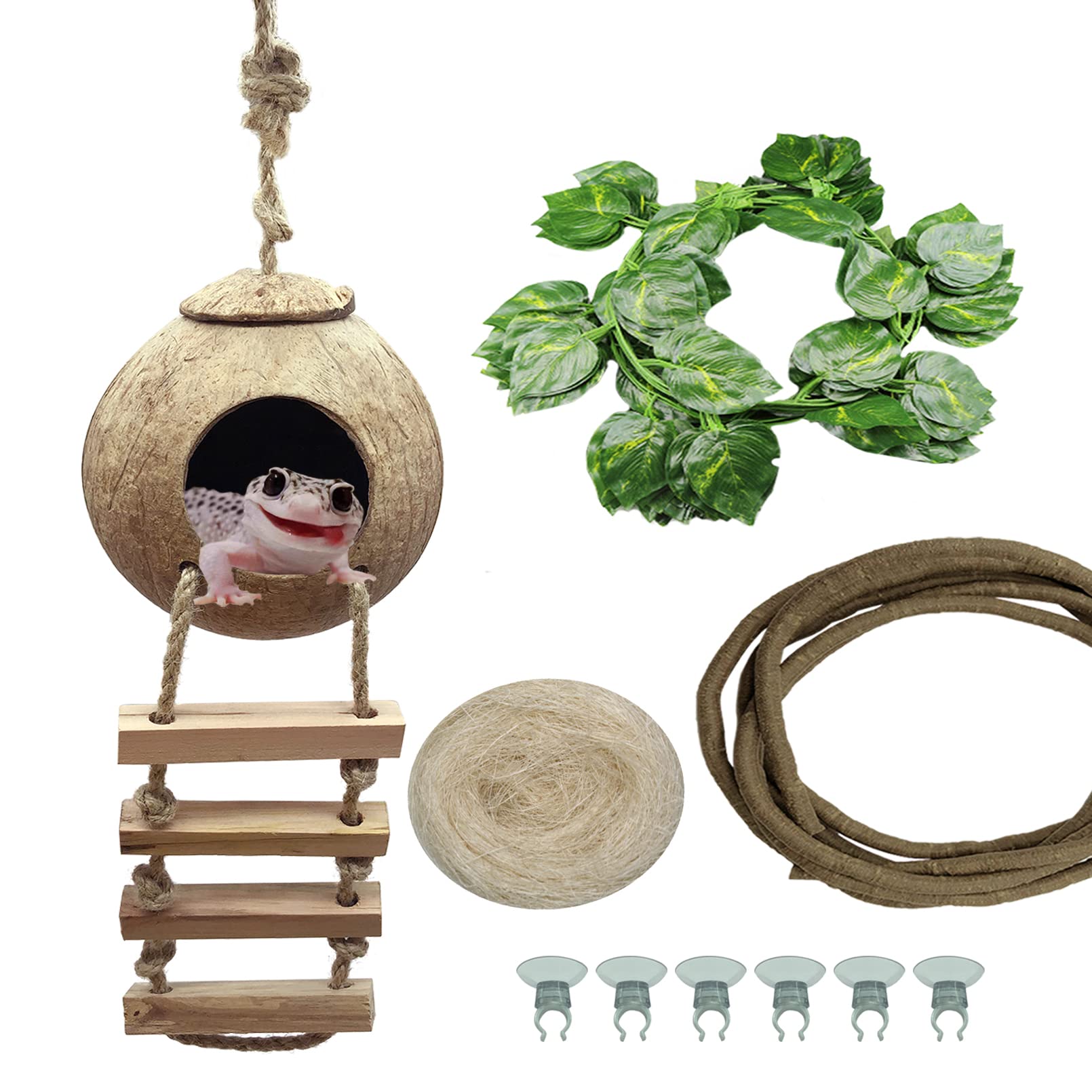 Tfwadmx Crested Gecko Coconut Hide,Leopard Gecko Coco Hut Hideout Cave With Ladder,Reptile Hanging Coconut Hut & Climbing Vine,Ideal Habitat Accessory For Hermit Crab, Snake,Lizard