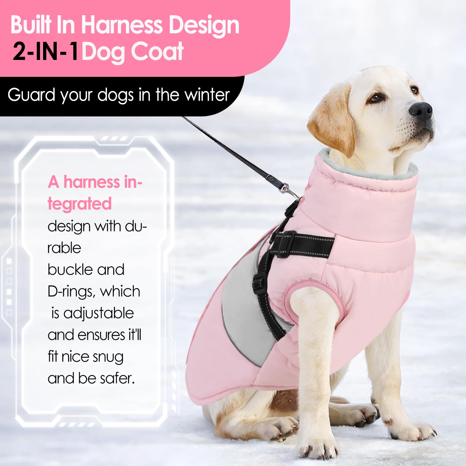 Aofitee Dog Winter Coat - Reflective Waterproof Puffer Jacket, Warm Fleece Windproof Dog Sweater, Pink Xl