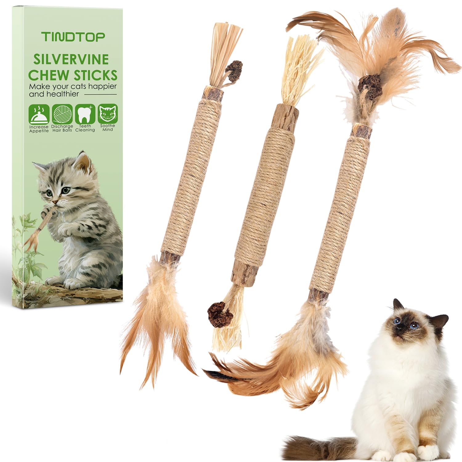 TINDTOP Silvervine Sticks for Cats with Natural Feather, Catnip Chew Toys for Kittens Teeth Cleaning, Matatabi Dental Care, Incr