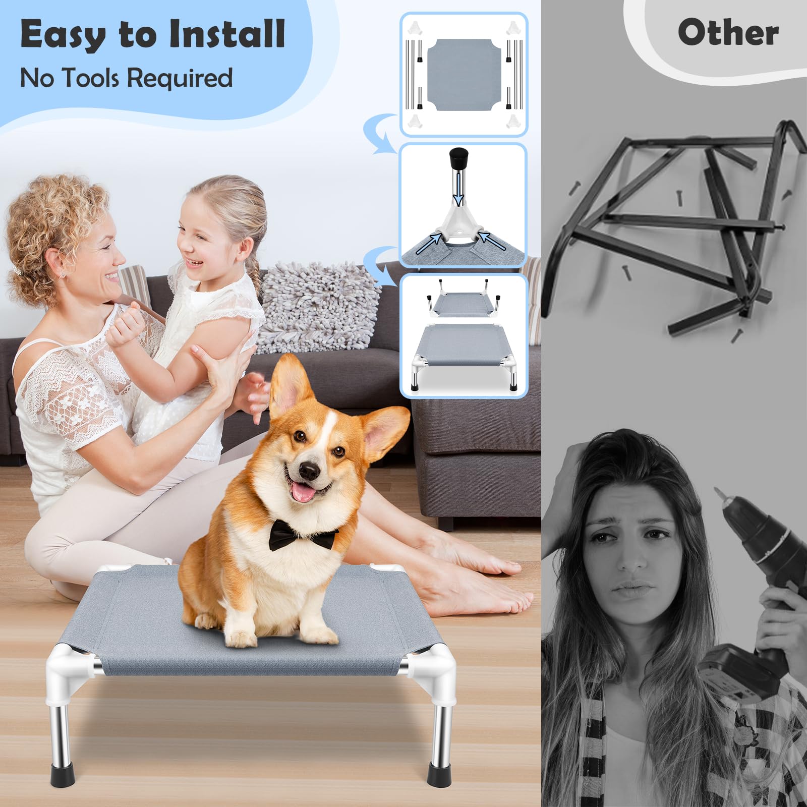 Elevated Dog Bed For Small Dogs, Outdoor Cooling Dog Bed Cot For Small Pets, Indoor Detachable Raised Dog Bed With Non-Slip Feet