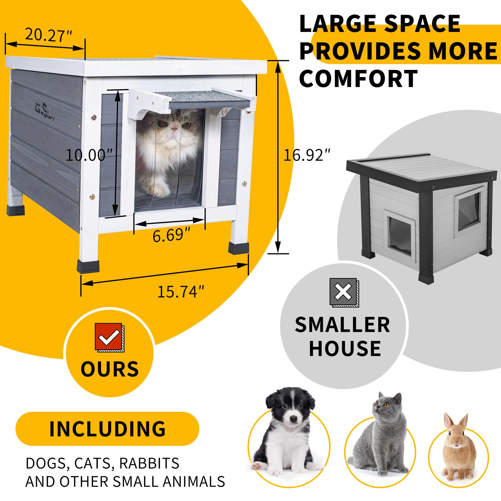 GEGURI Outdoor Cat House - Weatherproof Shelter for Cats & Dogs, Fir Wood, Grey/White, Model GEGURI-420