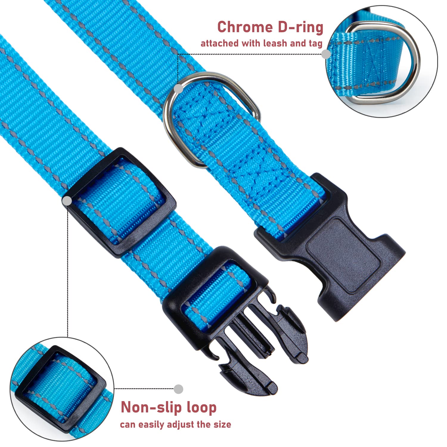 Reflective Dog Collar With Buckle Adjustable Safety Nylon Collars For Small Medium Large Dogs, Blue Xl