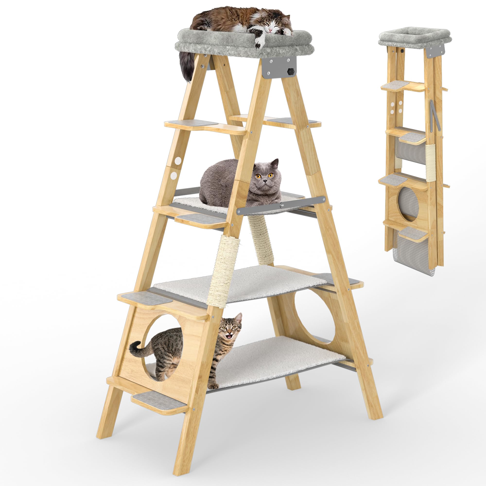 Gdlf Modern Wood Cat Tree Foldable Ladder Design With Hammock & Sisal Scratch Post, Solid Wood Tall Tower For Large Cat Easy Cle
