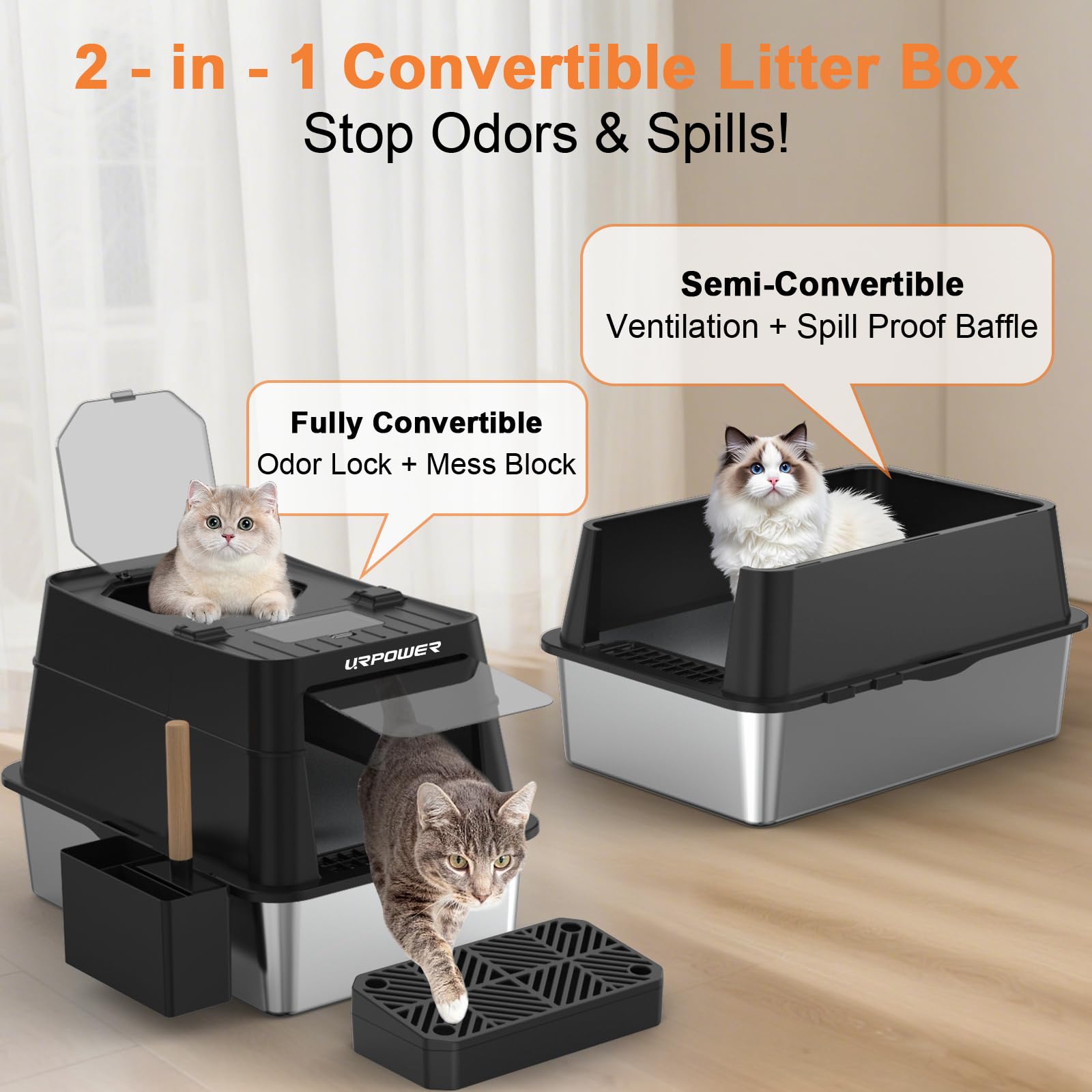 URPOWER Stainless Steel Cat Litter Box with Lid 110 Flip-Top Extra Large Enclosed Litter Box Non-Sticky Metal Pan with High Side