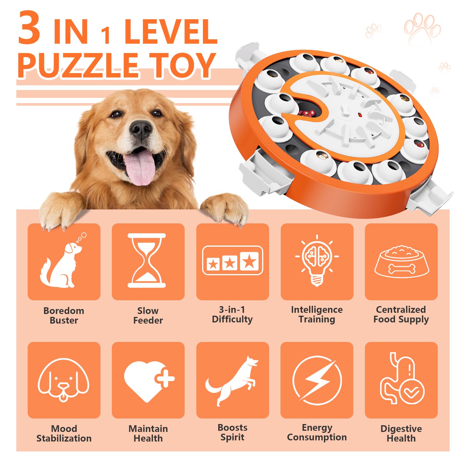 Virtulance Dog Puzzle Toy - Level 3 Interactive Treat Dispenser, 13.31"x13.31", Orange, Cognitive Enrichment for Smart Dogs