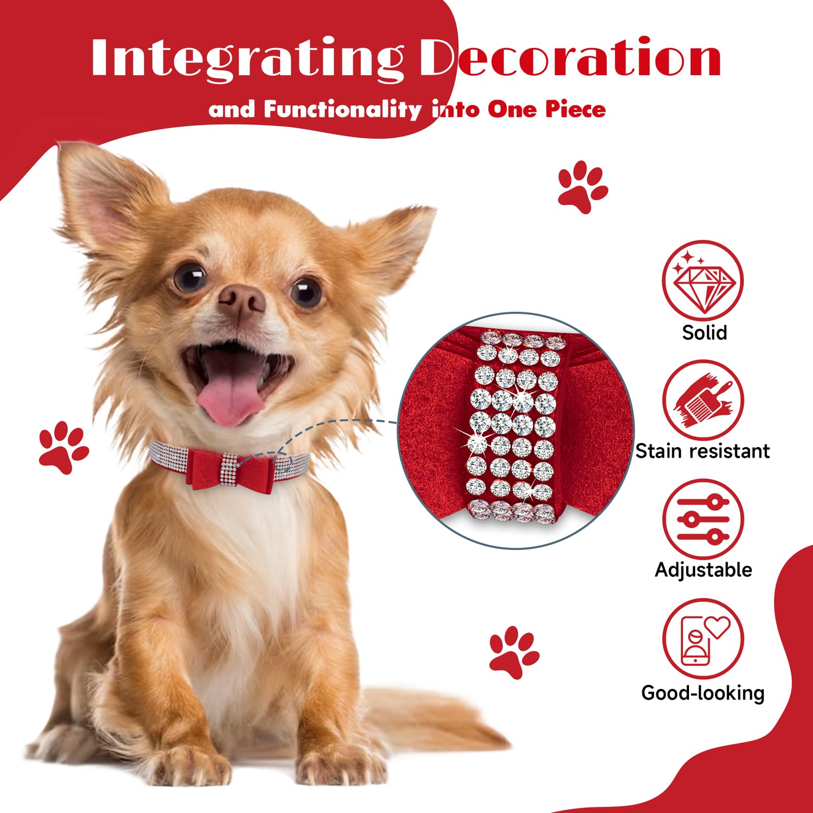 Crystal Dog Collar With Bow Tie,Soft Puppy Bling Collar For Extra Small,Small,Medium Dogs(Red,M)