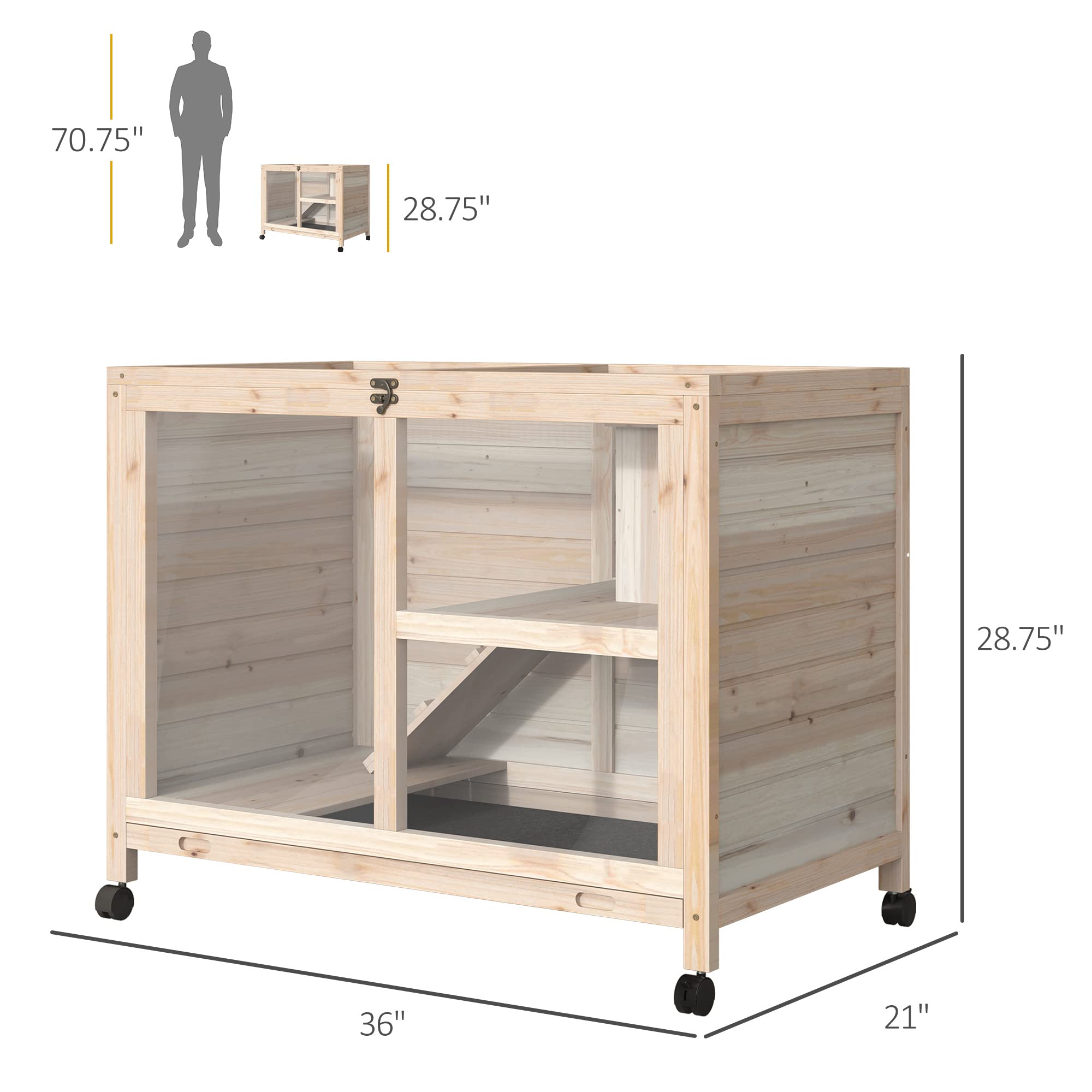 PawHut Indoor Rabbit Hutch with Wheels, 36"L x 21"W, Natural Fir Wood, Model D51-124ND, Waterproof Small Cage