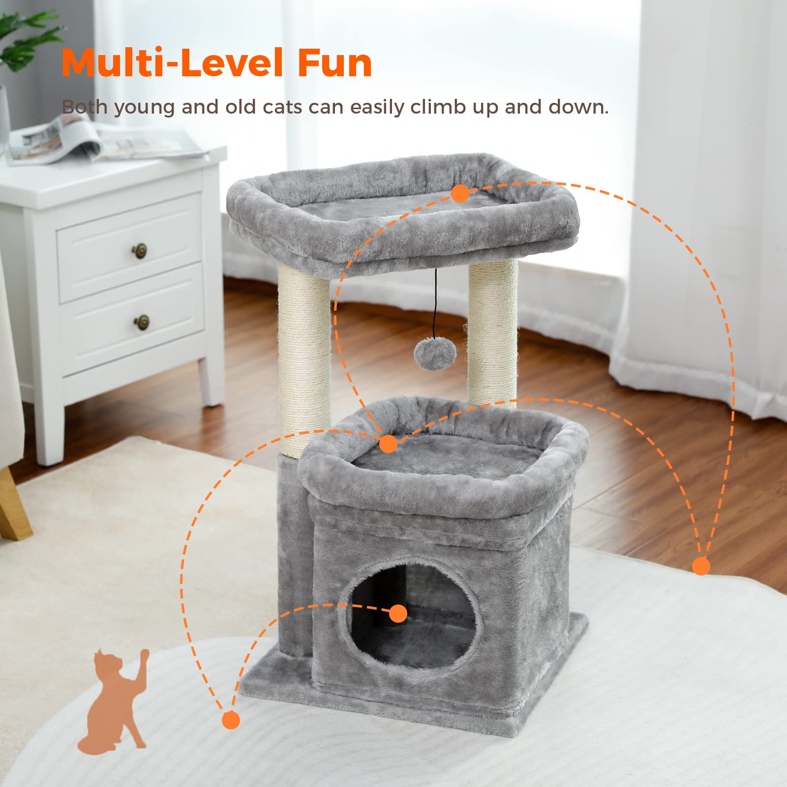 PEQULTI Cat Tree Tower for Indoor Cats, Cozy Condo, Sisal Scratching Posts, 27" Grey, Model AMT0179