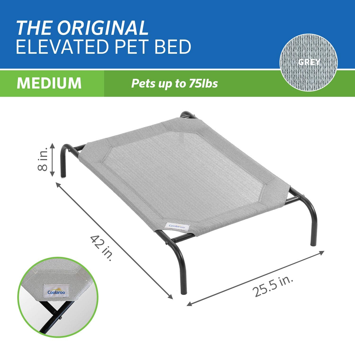 Coolaroo The Original Cooling Elevated Dog Bed, Indoor And Outdoor, Medium, Grey