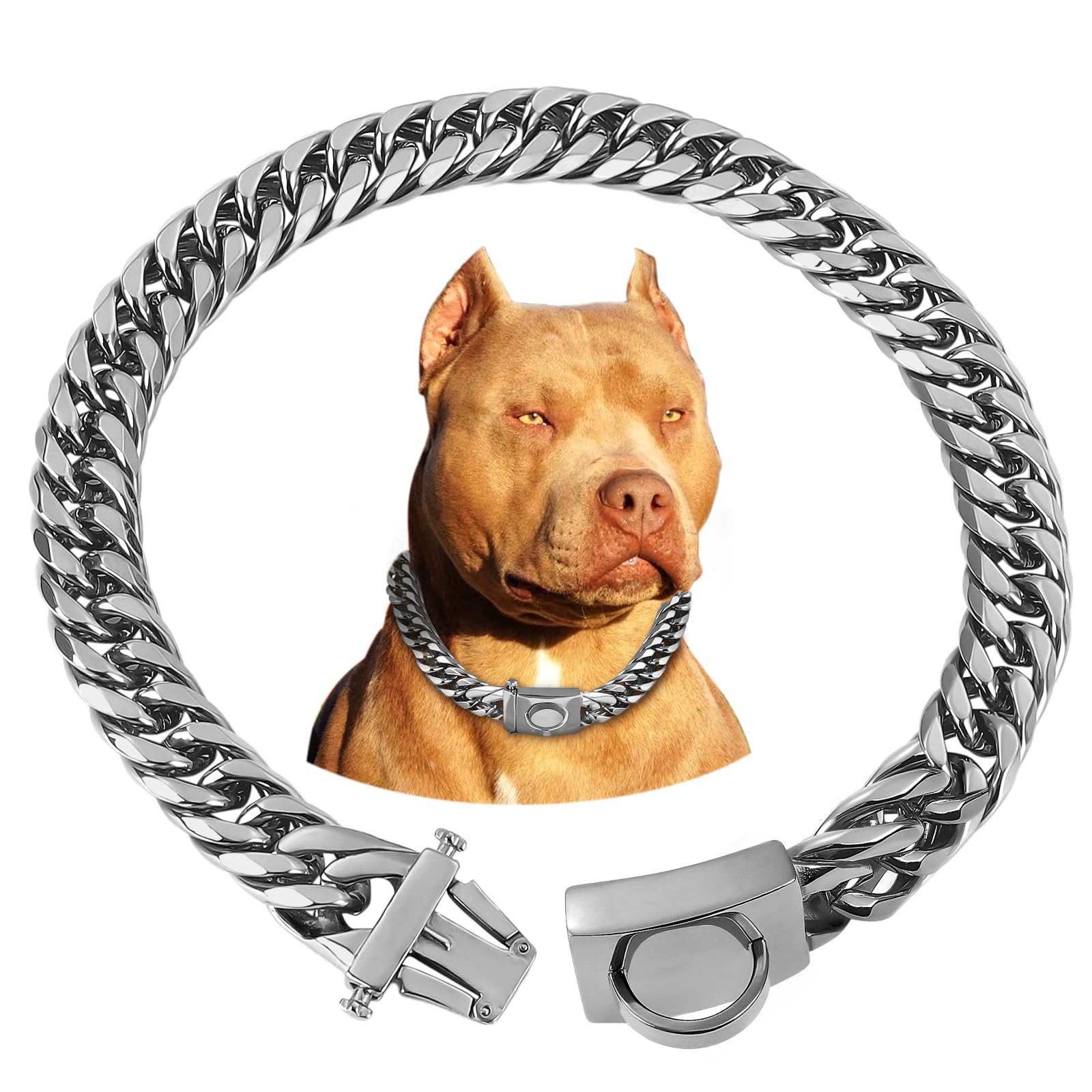 Baobote Silver Chain Dog Collar, 16Mm Heavy Duty Cuban Link Collar With Secure Snap Buckle, Chew Proof For Dogs (24'' Silver)