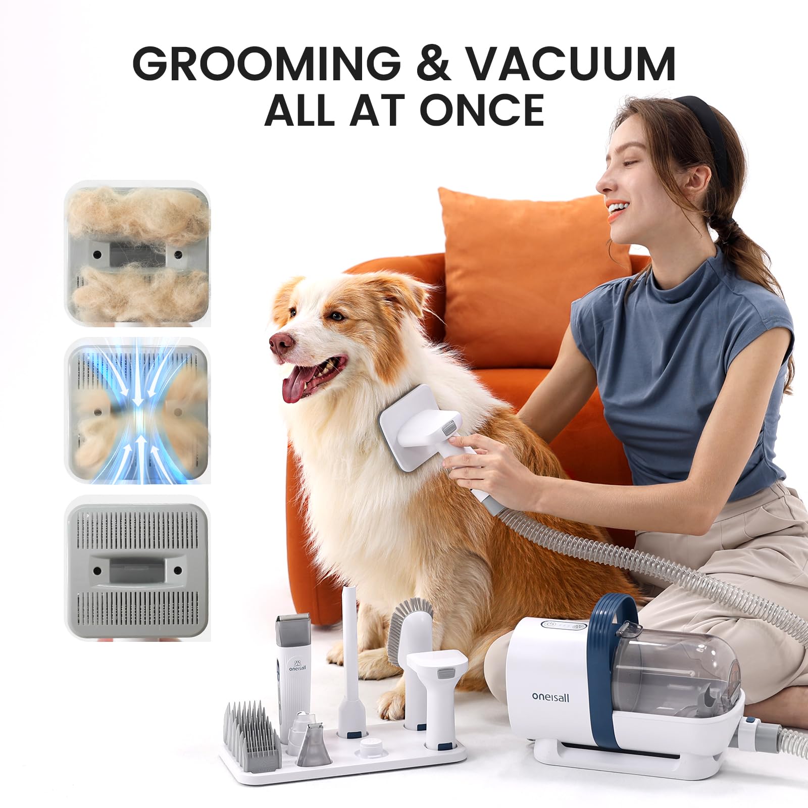 Oneisall Dog Hair Vacuum & Dog Grooming Kit, Pet Grooming Vacuum With Pet Clipper Nail Grinder, 1.5L Dust Cup Dog Brush Vacuum With 7 Pet Grooming Tools For Shedding Pet Hair, Home Cleaning