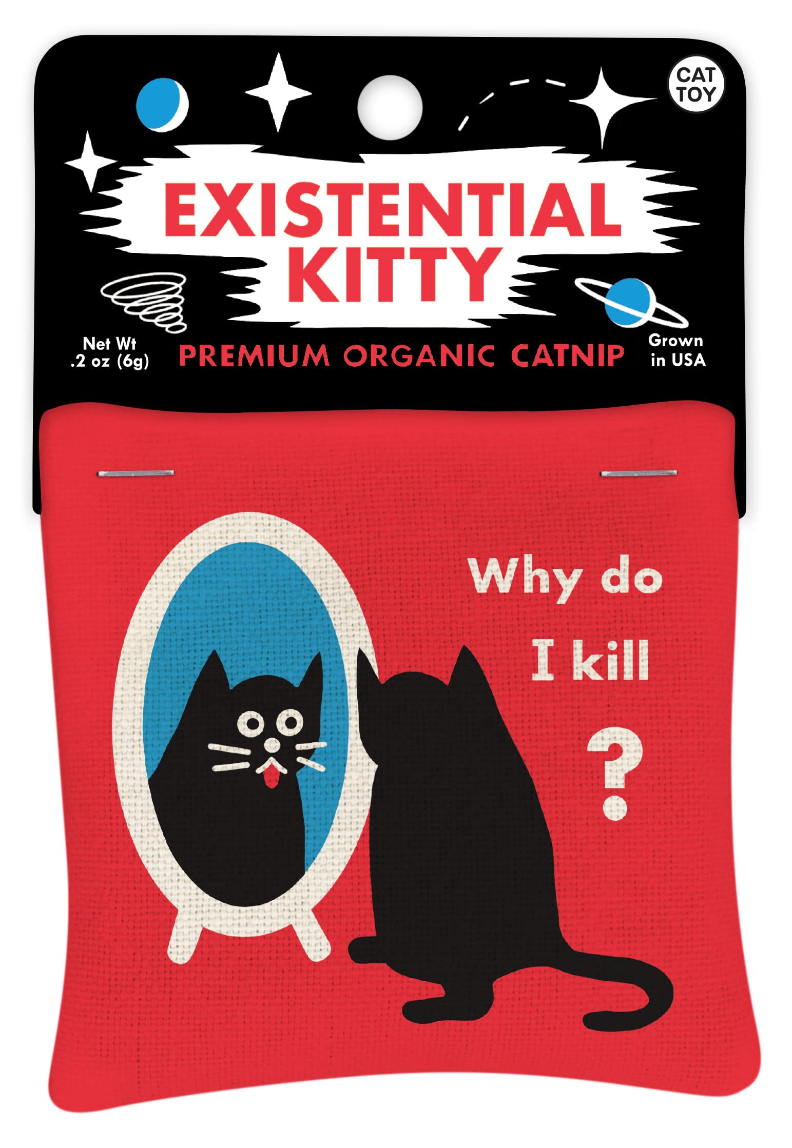 Blue Q Existential Kitty Catnip Cat Toy. Premium Organic Catnip Grown in The USA, 100% Cotton Pouches, Kitty Graphics Sure to De