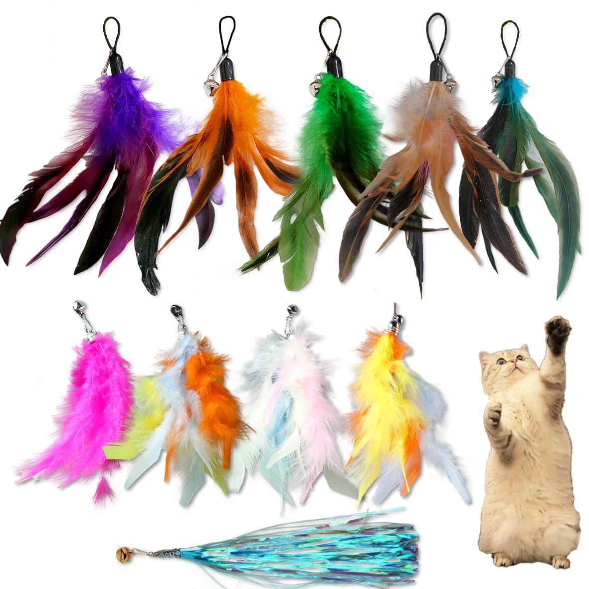 Logfaadcoi 10-Pack Of Vibrant Feathered Cat Toy Refills: Perfect Wand Attachments For Indoor Cats, Enhance Your Pet'S Playtime W